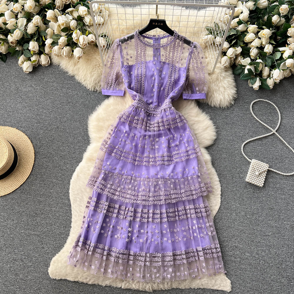 Casual Jurken 2023 Runway Designer See Through Lace Patchwork Lange Jurk Zomer Vrouwen Korte Mouw Mesh Borduren Slanke Party Vestidos