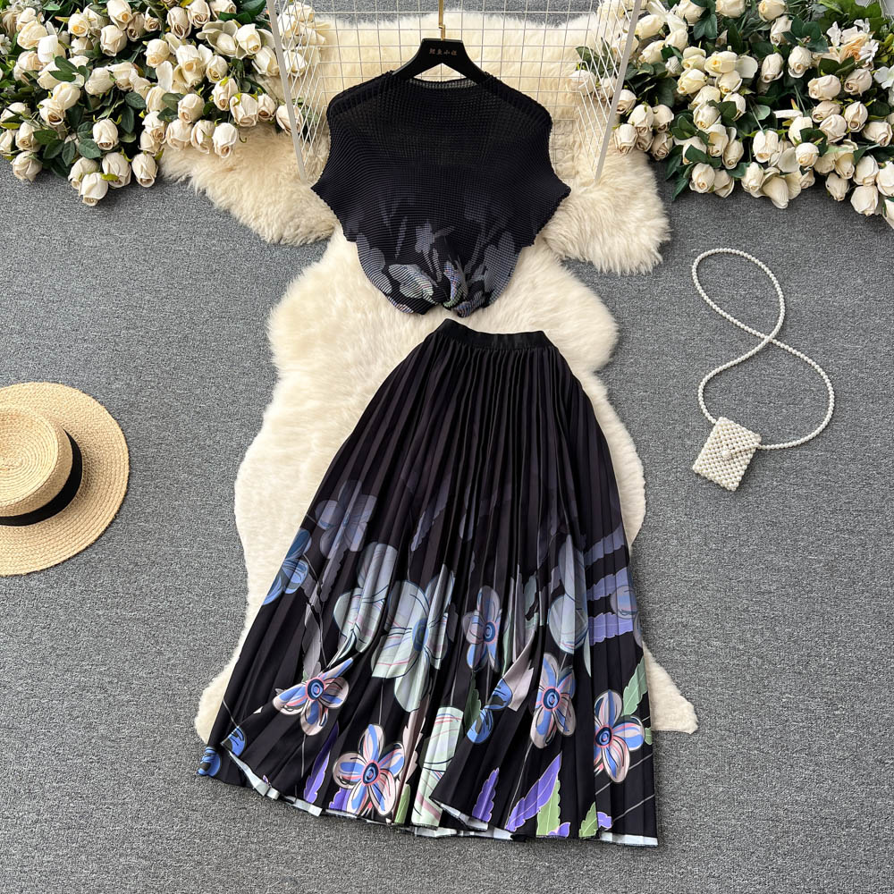 Summer Runway Pianged Flower Stampa 2 pezzi Suit Women Raglan Sleeve Stretch Pullover Top+A-Line Long Skirt Female Matching Set 2024