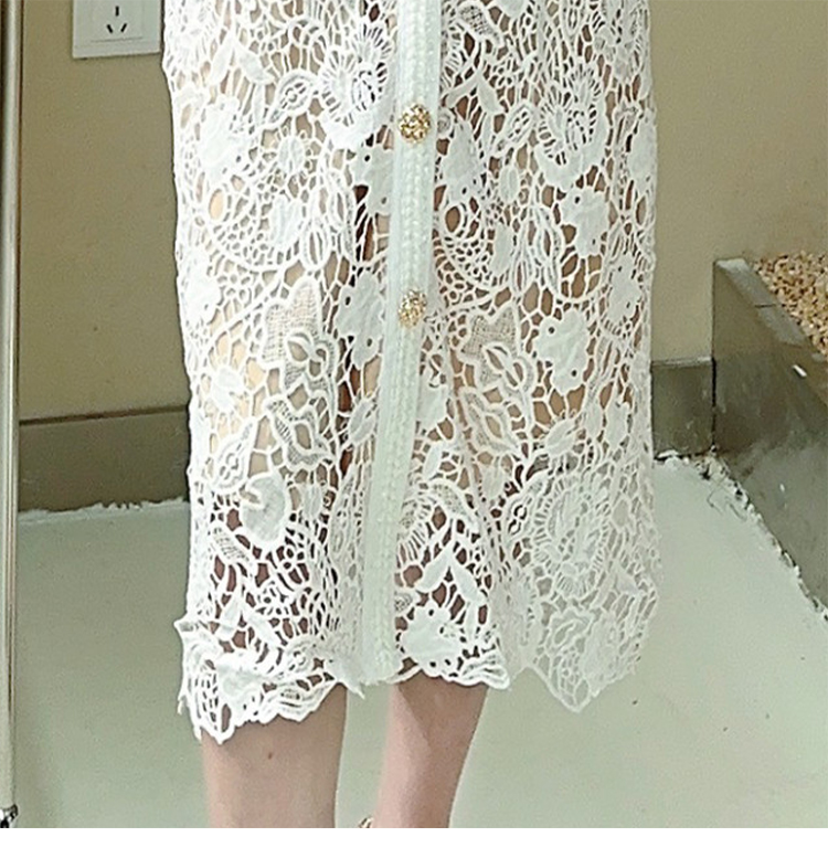 Casual Dresses Runway Hollow Out Embroidery Crochet Lace Dress Women V Neck Golden Buttons Single Pocket Belt Midi Hip Package Dre2404