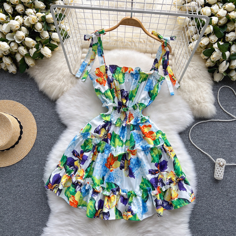 Casual Dresses 2023 Summer Slapp Neck Flower Beach Short Dress Women's Bow Spaghetti Strap Elastic Midje Holiday Ruffles Cascading Dress