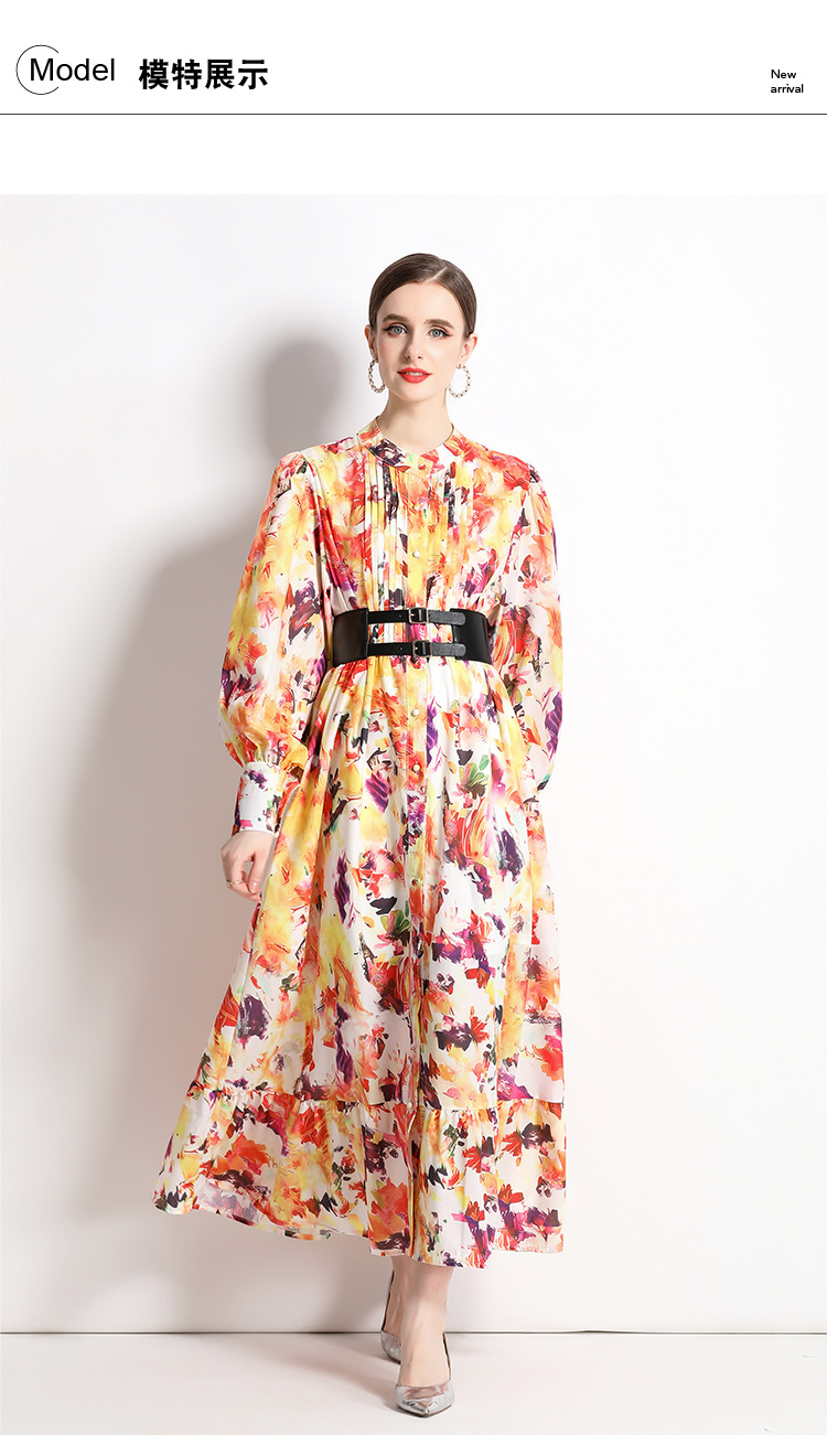 Autumn Charming Vintage Yellow Floral Printed Long Party Dress for Women Runway Designers Ruched Stand Collar Lantern Sleeve Maxi 311d