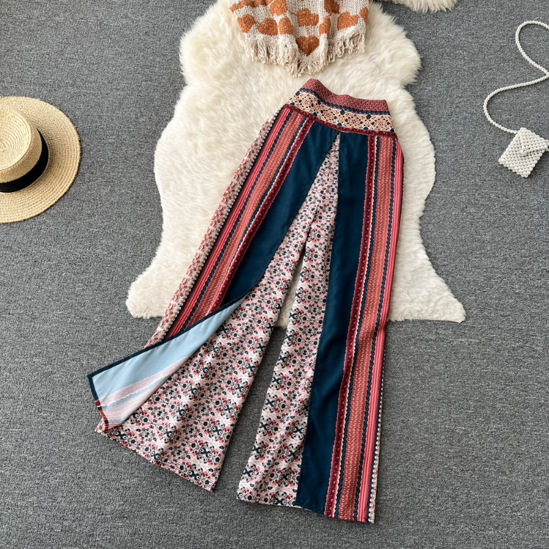 Conjunto de duas peças vestido de duas peças estilo étnico boêmio 2023 sutiã com borla + estampado calça de perna larga chiffon praia