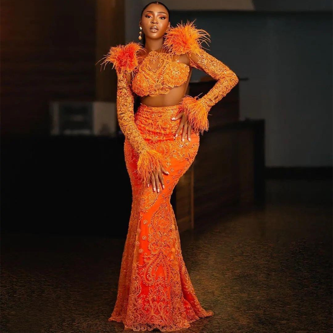 2023 Aso Ebi Orange Mermaid Prom Dress Lace Beaded Evening Formal Party Second Reception Birthday Bridesmaid Engagement Gowns Dresses Robe De Soiree ZJ351