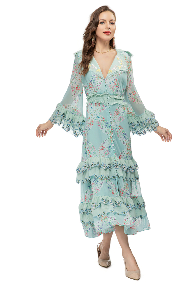 女性用滑走路ドレスが襟を倒す長袖フロールプリントエレガントな階層型ハイストリートベスティドス