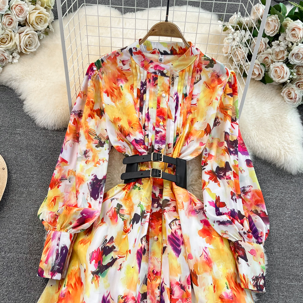 Autumn Charming Vintage Yellow Floral Printed Long Party Dress for Women Runway Designers Ruched Stand Collar Lantern Sleeve Maxi Dress 2023