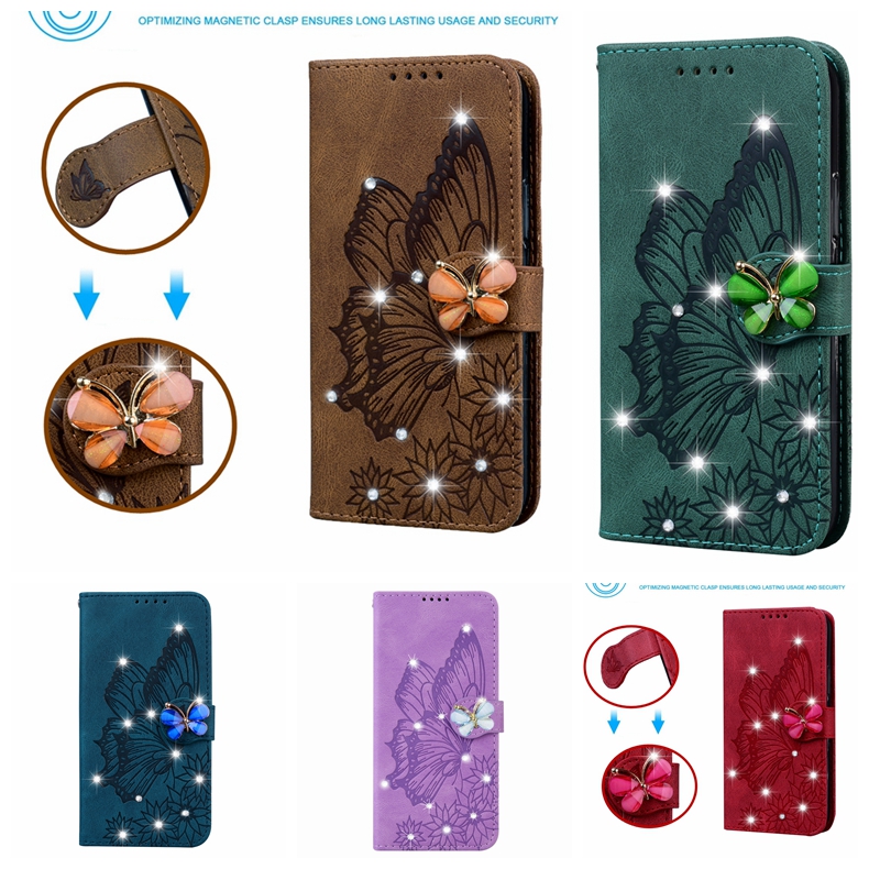 Étuis portefeuille pour Samsung A24 4G A34 Redmi Note 12 4G Xiaomi POCO X5 Pro Google Pixel 8 Pro Bling Diamant 3D Papillon PU Cuir De Luxe Porte-empreinte Flip Cover Pouch