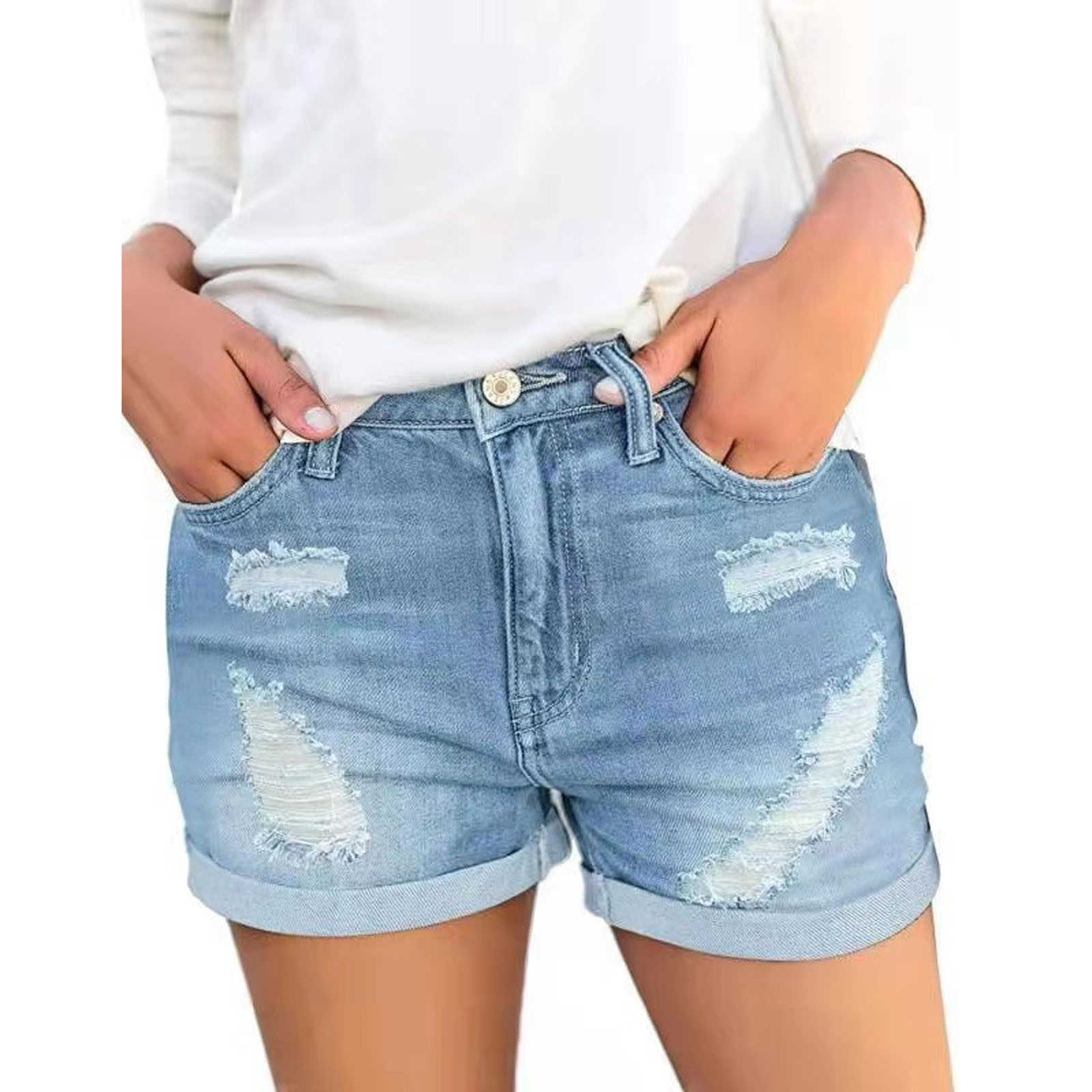 Kvinnors shorts hål denim heta byxor lockigt mode sommarknapp ficka shorts kvinnors gata klädnad avslappnad underkläder tätt korsett p230606