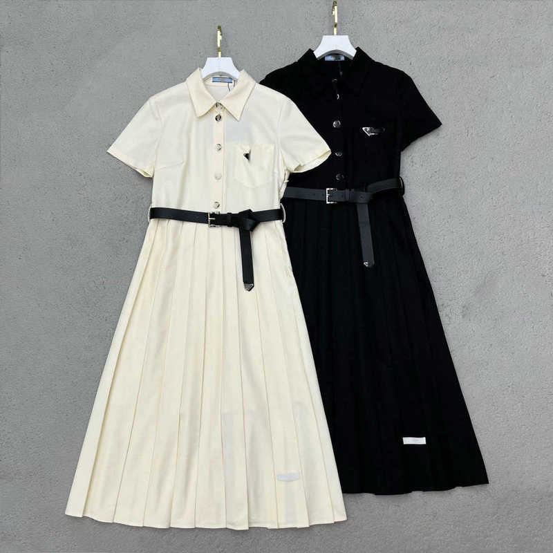 Vestidos Casuais Básicos Estilistas Verão Novo Estilo Commuter Celebridade Temperamento Triângulo Contraste Saia Plissada Bainha Camisa Vestido Gola MYO6