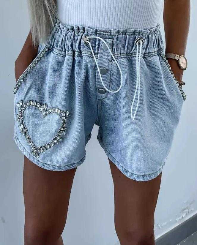 Neue Mode 2023 Sommer Herz Muster Gebürstet Denim Shorts Elegante frauen Casual Bottom P230606