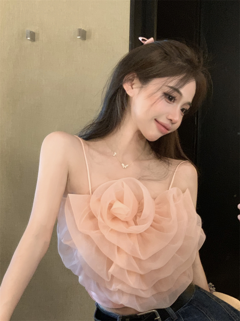 Women's sexy spaghetti strap 3D big flower gauze short tanks camis SML