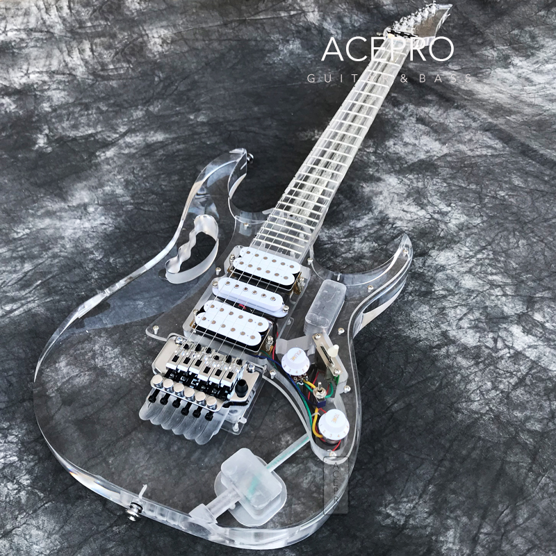 Full Acrylic Electric Guitar Färgglada lysdioder Kroppen Transparent PickGuard H-S-H Pickups Tremolo Bridge Free Frakt