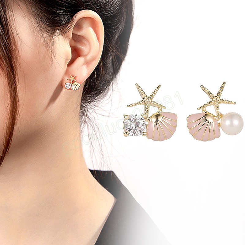 Modepersonlighet Enkel asymmetrisk zirkonörhängen utsökta Starfish Shell Pearl Stud örhängen för kvinnor strandsemester