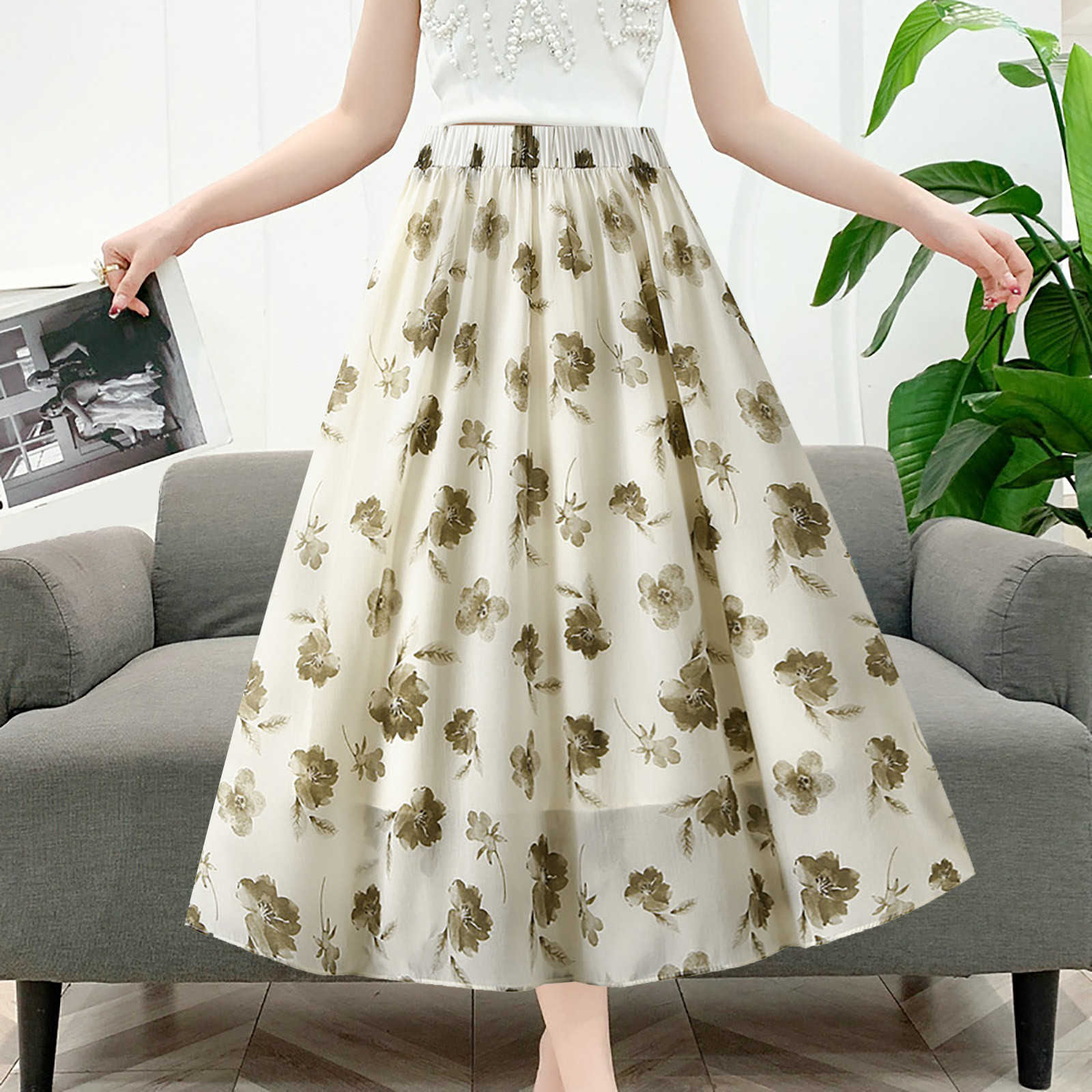 Skirts Vintage Long Leather Fashion Loose Snow Flower Print Princess Swing A-line Skiing Summer Women's Vacation Casual Jupe G220606