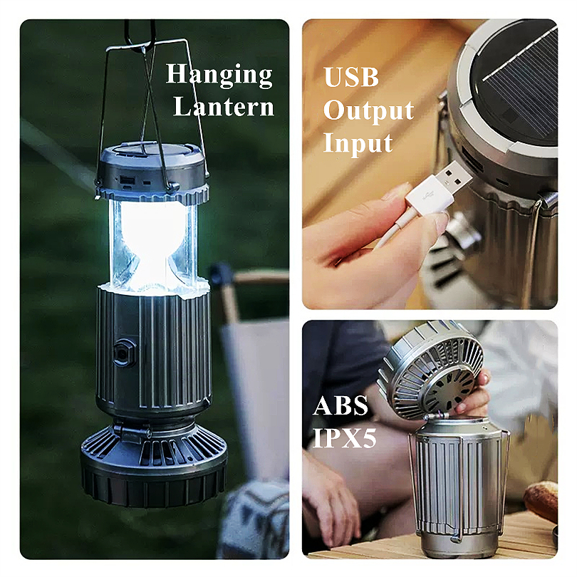 Lanterne de camping solaire avec ventilateur, haut-parleur intégré, Bluetooth, lampe de camping rechargeable à LED, lampe de ventilateur de tente portable, interrupteur extensible, lampe de charge USB