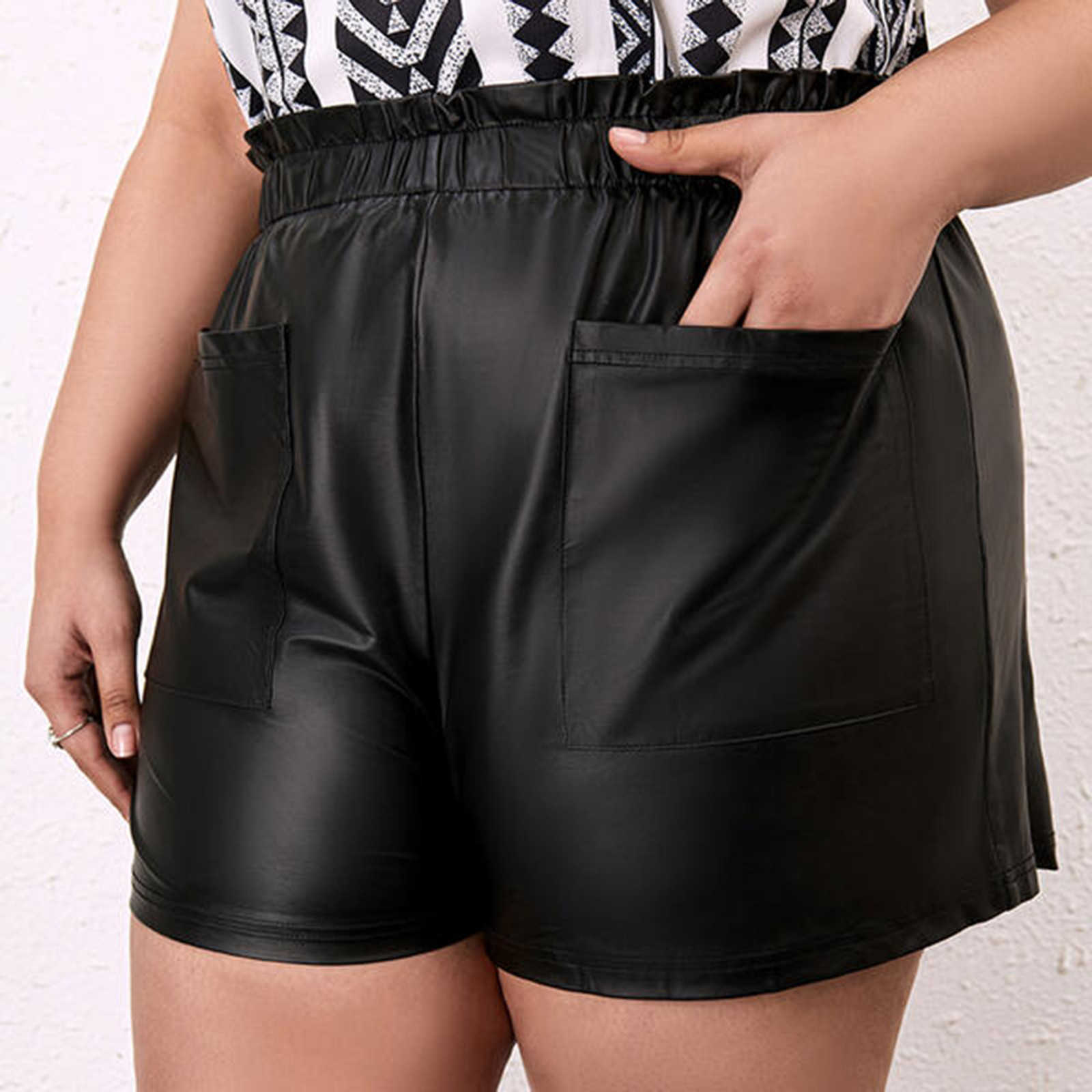 Shorts femininos casuais de verão fashion com bolso frontal couro artificial vintage cintura alta P230606