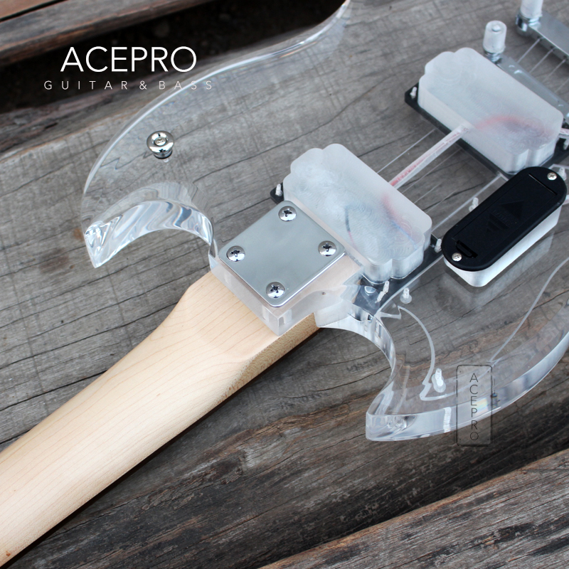 ACEPROアクリルボディホワイトLED付きエレクトリックギタークリスタルギター透明ピックガードクロムハードウェア高品質