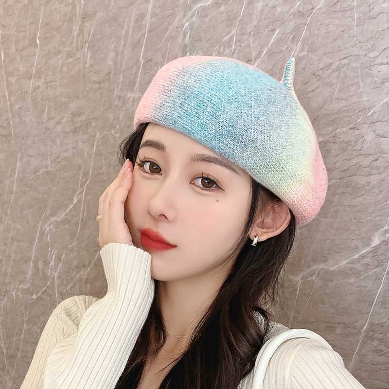 Berets New gradual change Beret autumn winter new Japanese knitting wild face small and lovely female popular paint hat G220612