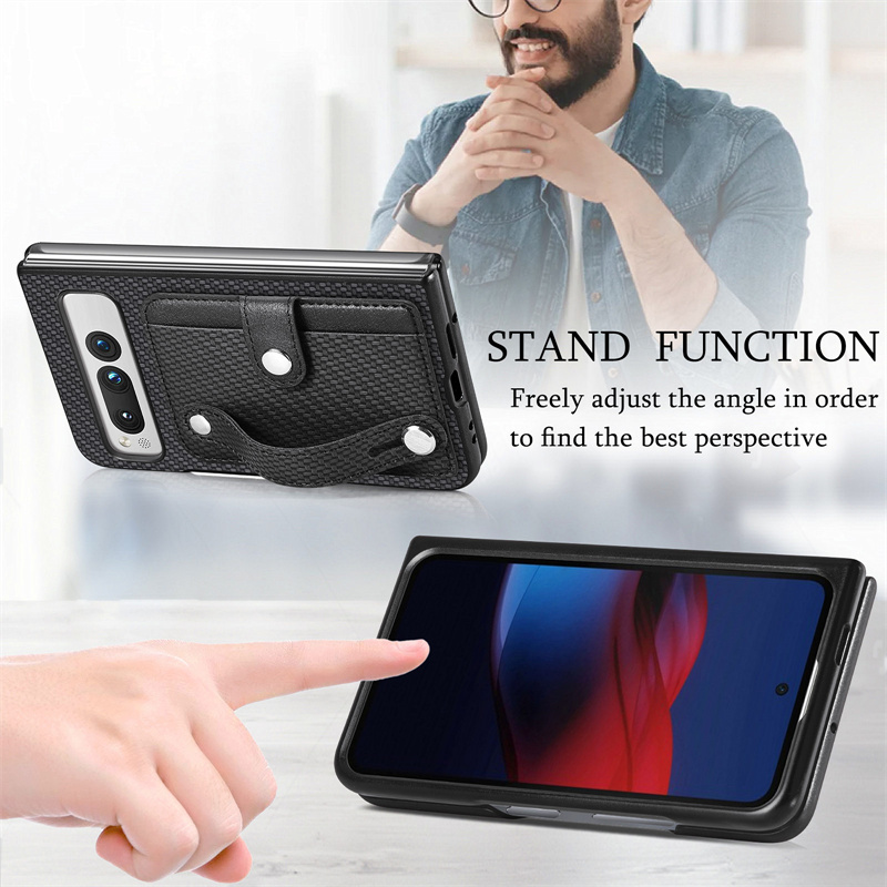 Weave Wristband Ring Folding Case for Google Pixel Fold Kickstand Carbon Fibre Mobile Phone Card Slot Wallet Cover