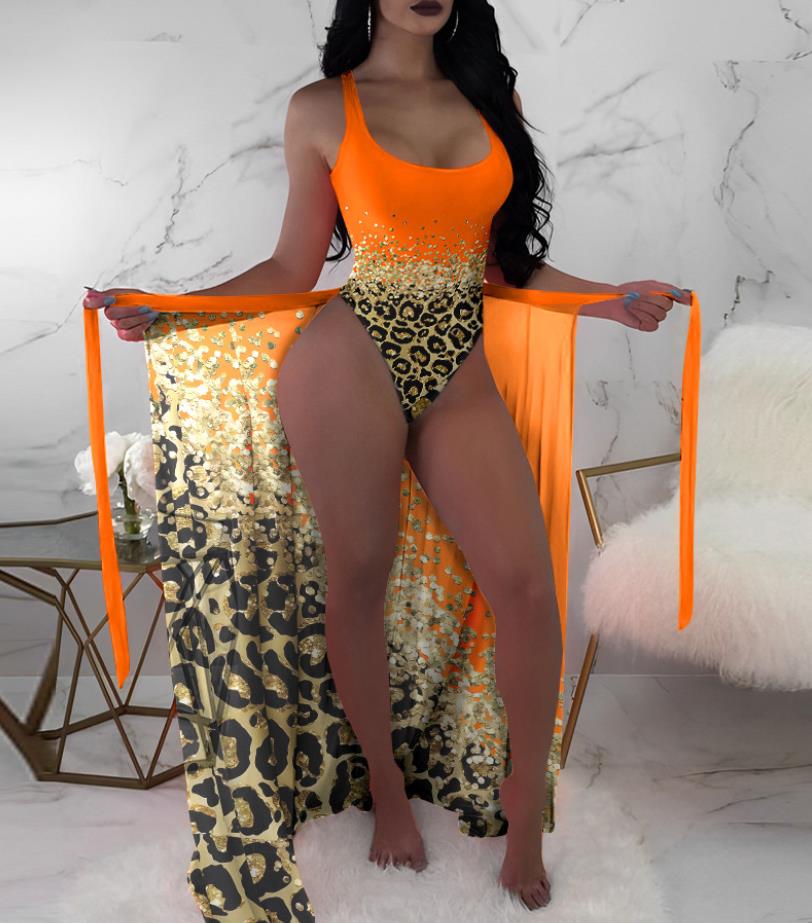 Women One Piece Swimwear Summer Fashion Sexy Contrast Leopard Leopard One Piece Swimsuit مع التستر على الشاطئ