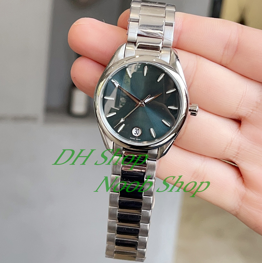 Luksusowy Seamaster Lady S 150 Modna Oliwka Zielona Ziemia Kwarcowa Bateria Prosta 316L Sapphire Sapphire Glow Waterproof Watch Fashion High End Gift Dift 34 mm Watch Box