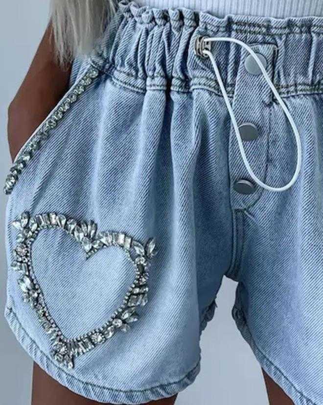 Yeni Moda 2023 Yaz Kalp Deseni Fırçalı Denim Şortu Zarif Kadınlar Sıradan Alt P230606