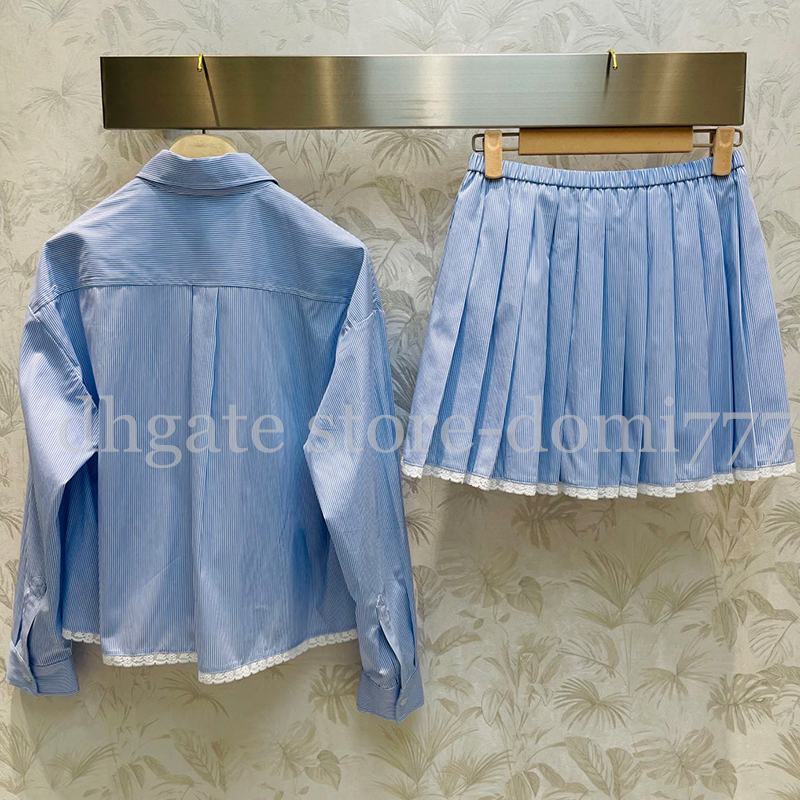 Fashion Women's Long Sleeved Blue Striped Blouse Shirt+Short Skirt Set with White Lace Edge Patchwork Decorative Shirt Half Skirt Dresses