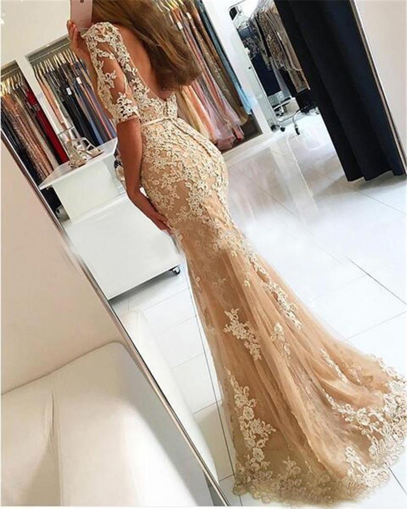 2023 Luxury Prom Dress Champagne Tulle Mermaid Prom Dresses Robe Longue Femme Soiree Sexig rygglös lång klänningsklänning