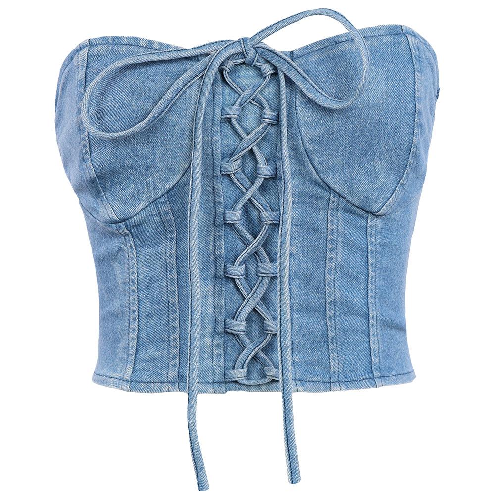 Tanks Sexy cross bandage denim tank tops for women tube top retro boat neck strapless crop top casual zipper slim short vest camis