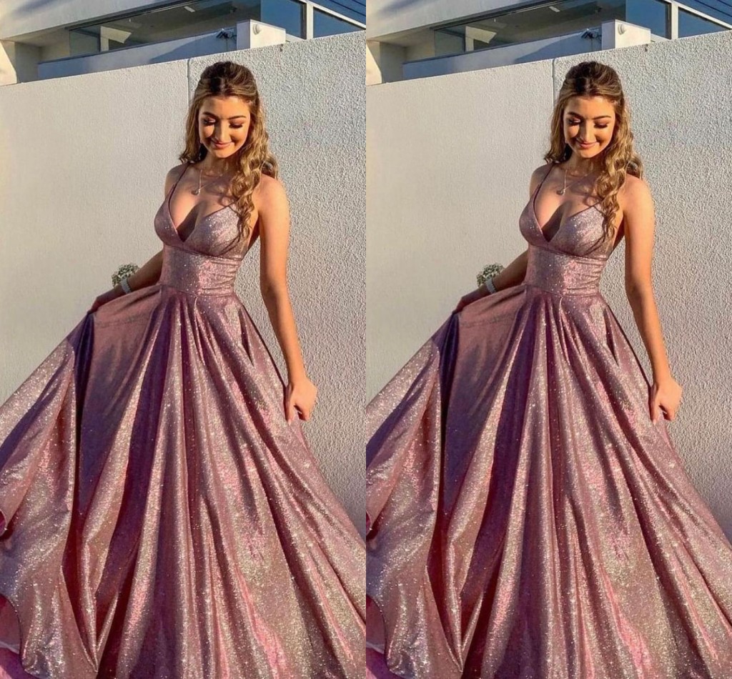 Dubaï Arabe Rose Une Ligne Robes De Soirée V Cou Bretelles Spaghetti Paillettes Formelle Robe De Soirée De Bal Anniversaire Pageant Célébrité Occasion Spéciale Robes