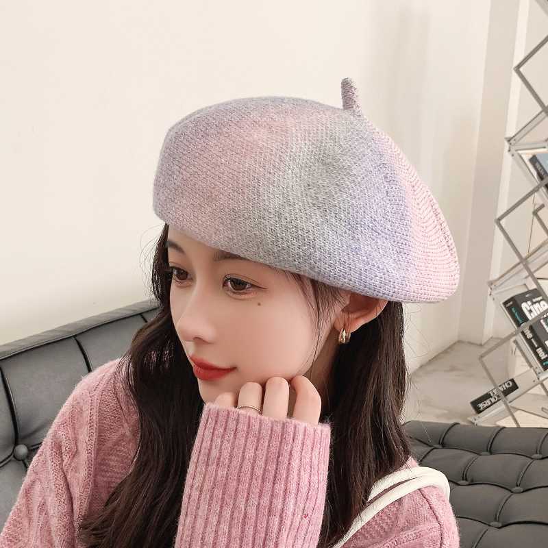 Berets New gradual change Beret autumn winter new Japanese knitting wild face small and lovely female popular paint hat G220612