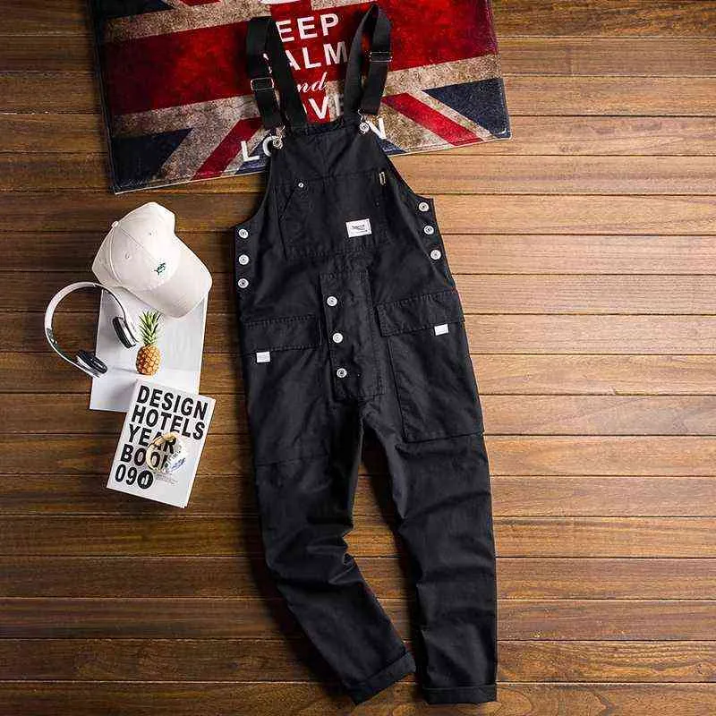 Men`s Loose Cargo Bib Overalls Pants Multi-Pocket Overall Men Casual Coveralls Suspenders Jumpsuits Rompers Wear Coverall 211202