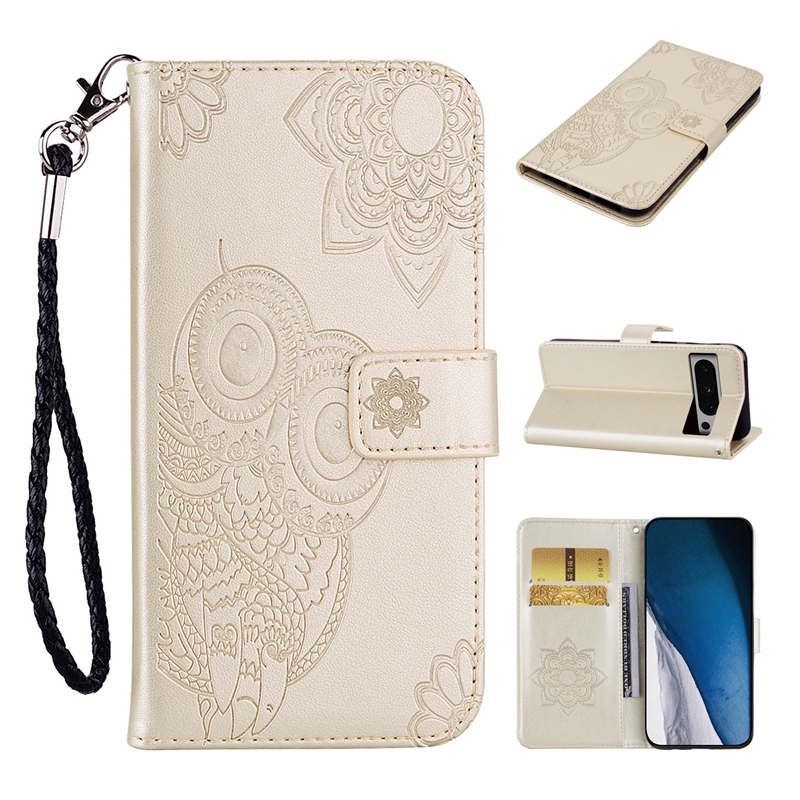 Läderplånbokfodral för iPhone 15 Plus Pro Max Samsung A34 A54 5G A24 4G Google Pixel 8 7 7A Fashion Owl Flower Print Lace Card Holder Flip Cover Night Bird Pouch Strap