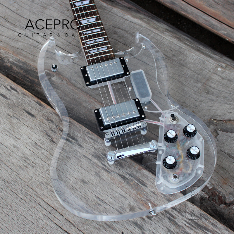 Acepro Colorful LED Electric Guitar Acrylic Body Crystal Guitarra Transparent PickGuard Chrome Hårdvara gratis frakt