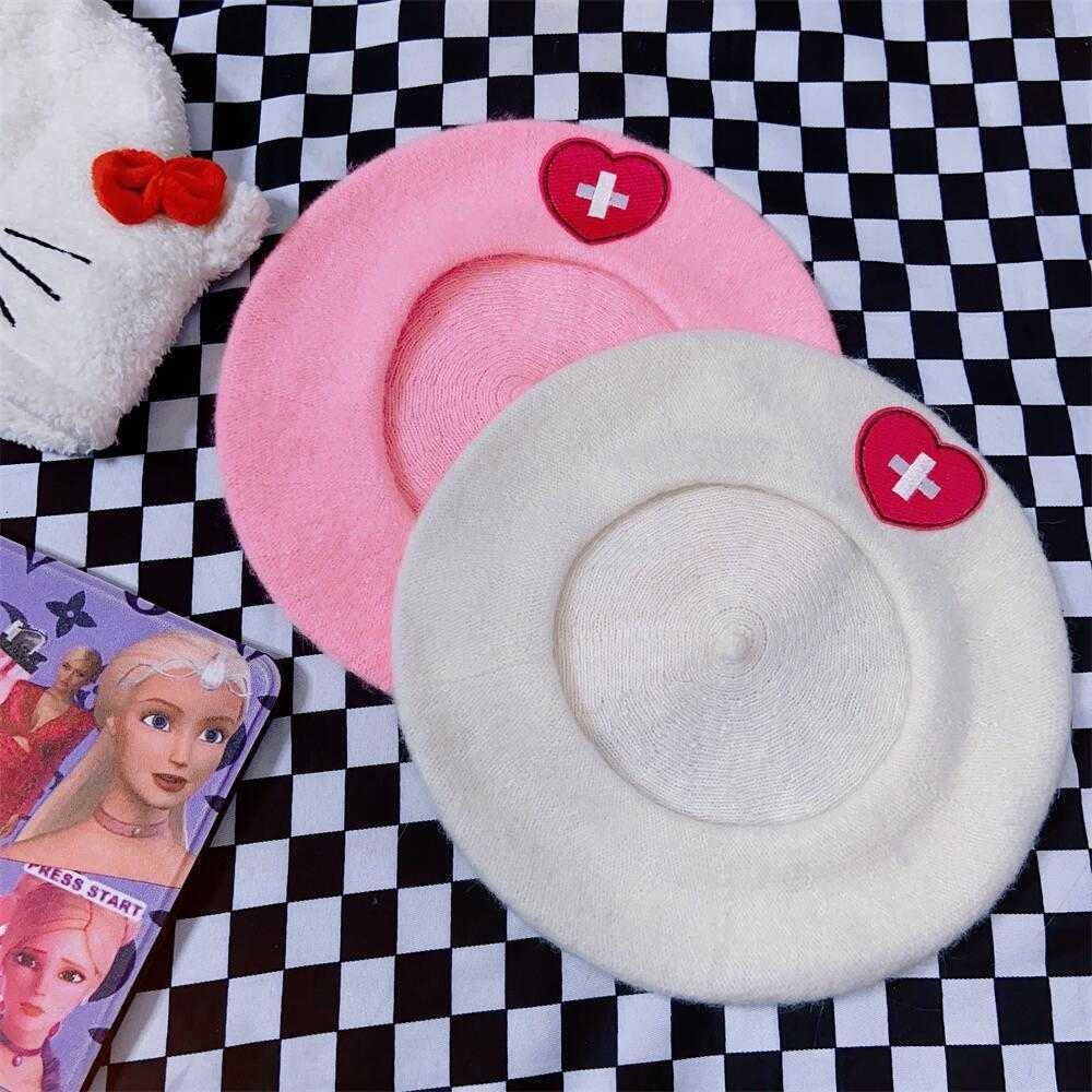 BERETS PINK BERET اليابانية اللطيفة harajuku y2k girl sweetheart love صليب الصوف التطريز بونيه لوليتا الملحقات g220612