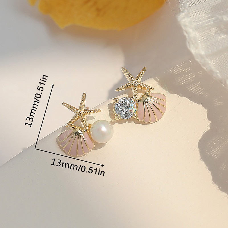 Modepersonlighet Enkel asymmetrisk zirkonörhängen utsökta Starfish Shell Pearl Stud örhängen för kvinnor strandsemester