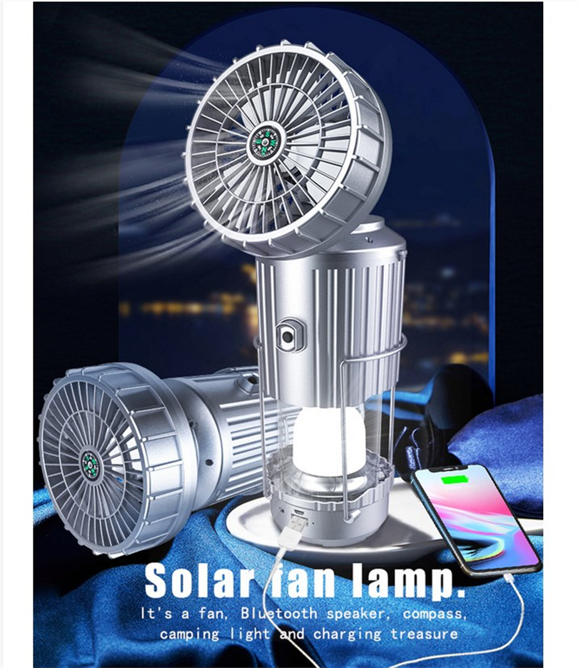 Lanterne de camping solaire avec ventilateur, haut-parleur intégré, Bluetooth, lampe de camping rechargeable à LED, lampe de ventilateur de tente portable, interrupteur extensible, lampe de charge USB