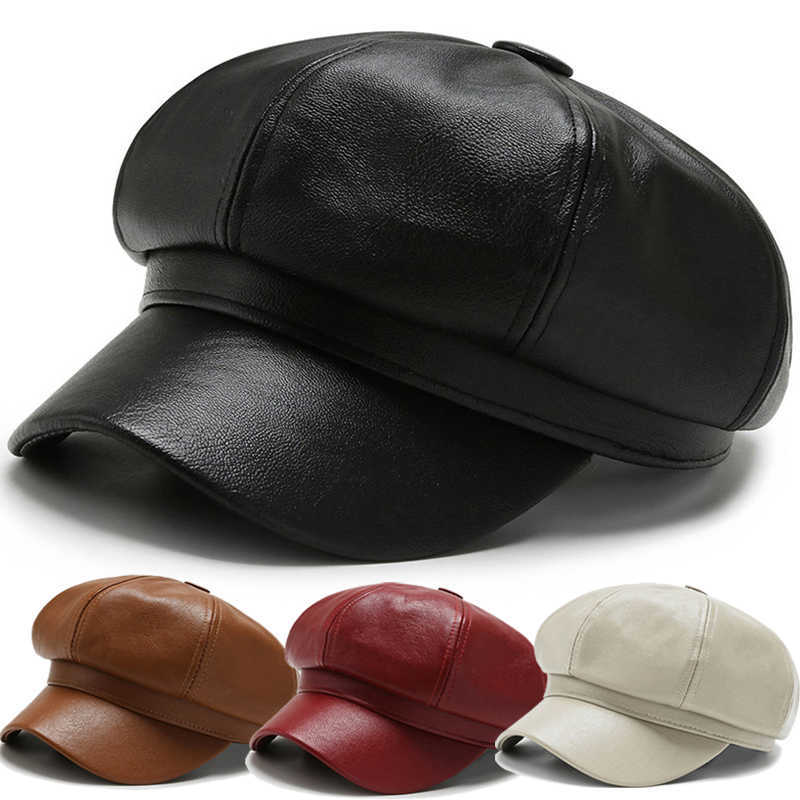 Baretten vrouwen PU leer retro Britse effen Baret Baseball cap outdoor zon winter warm achthoekige nieuws jongens hoed G230612