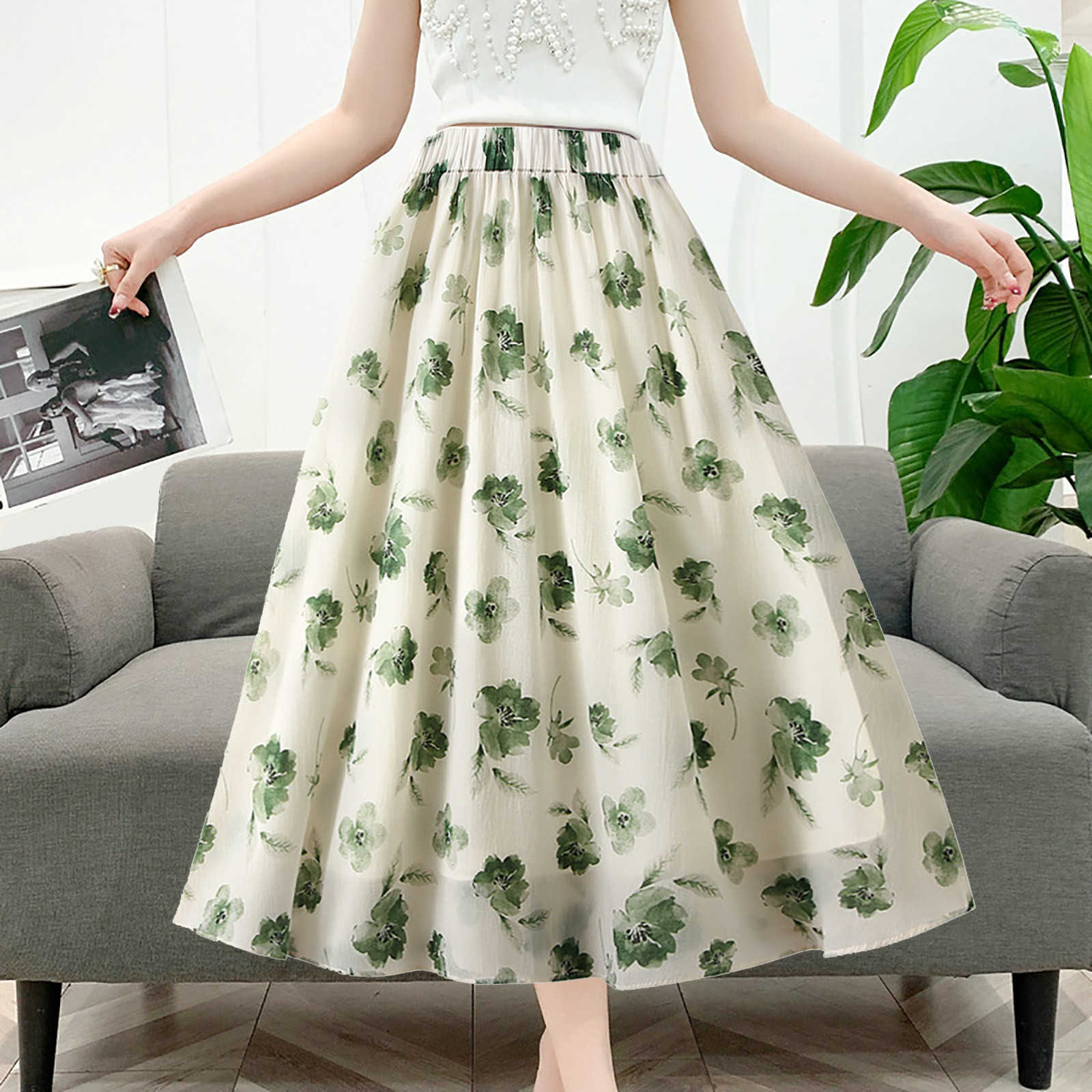 Skirts Vintage Long Leather Fashion Loose Snow Flower Print Princess Swing A-line Skiing Summer Women's Vacation Casual Jupe G220606