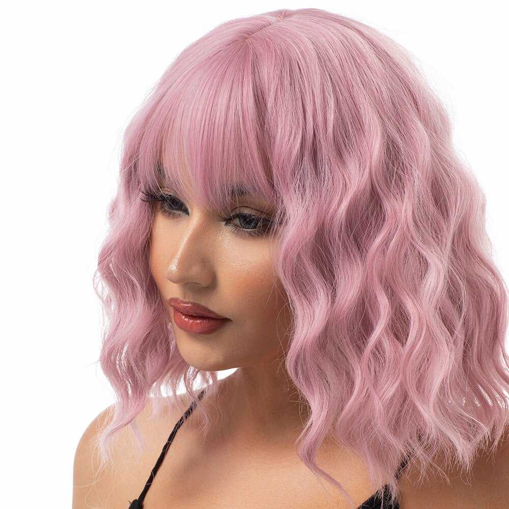 Lace Wigs Synthetic Pastel Wavy Wig With Bangs Ladies Short Style Pink Wig Role Play Suitable For Girls Daily Use Wig Z0613