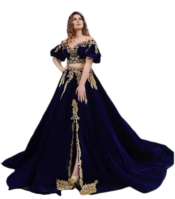 Indiase tweedelige koningsblauwe galajurken ruches off-shoulder fluwelen kanten applique kaftan arabische dubai avondjurk