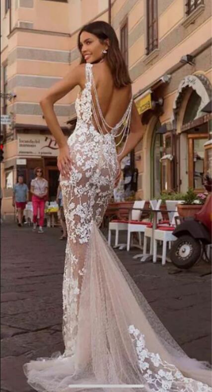 Eightree Abiti da sposa a sirena sexy Scollo a V profondo Appliques in pizzo Spiaggia Boho Abito da sposa Abito da sposa personalizzato Vestido de Noiva