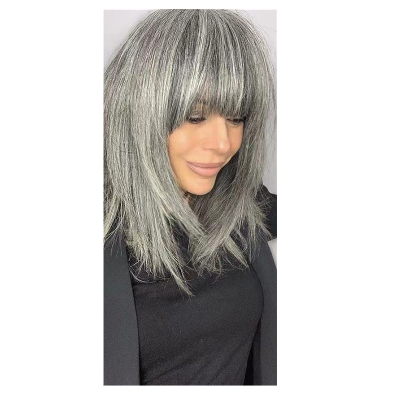 Real human salt and pepper natural grey straight wavy long wigs machine made with curtain bang fringe 130%