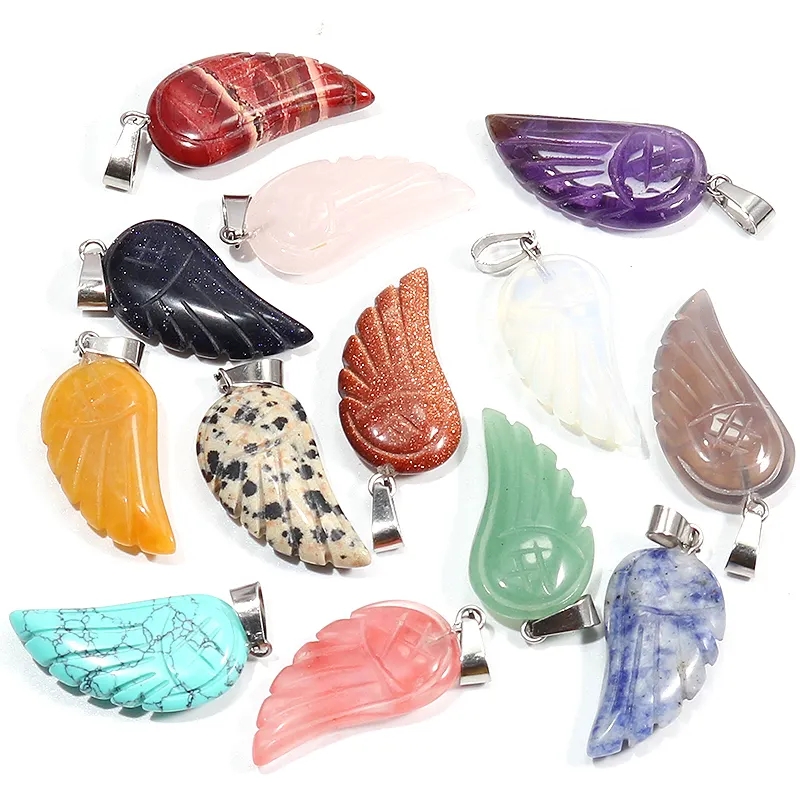 Natural Stone Angel Wing Pendant Healing Reiki Earring Gemstone Decor Ornament för smycken som gör DIY grossist 15x30mm