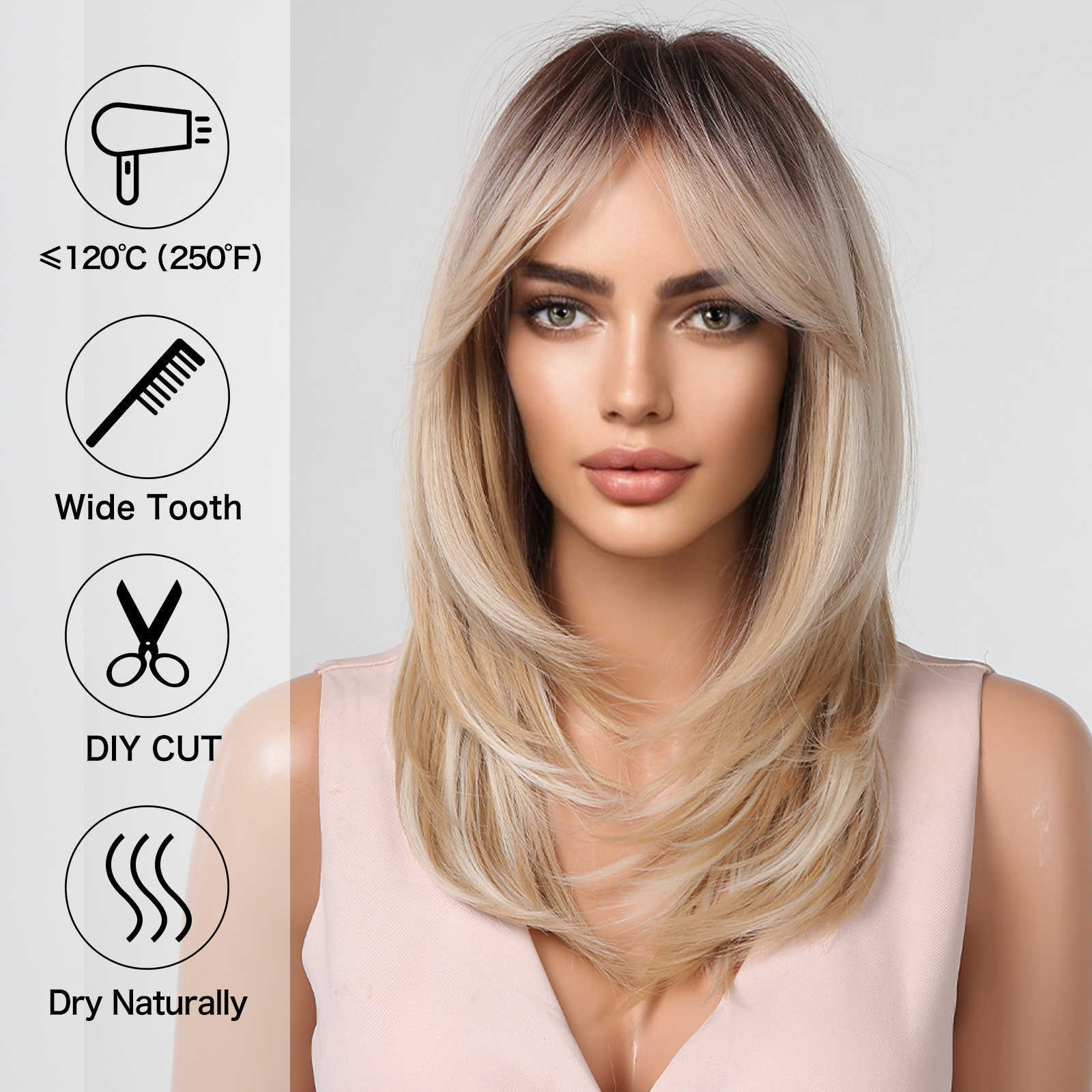 Lace Wigs ALAN EATON Long Blonde Wigs for Women Synthetic Hair Wig with Fringe Ombre Color with Dark Roots Layered Wigs Heat Resistant Z0613