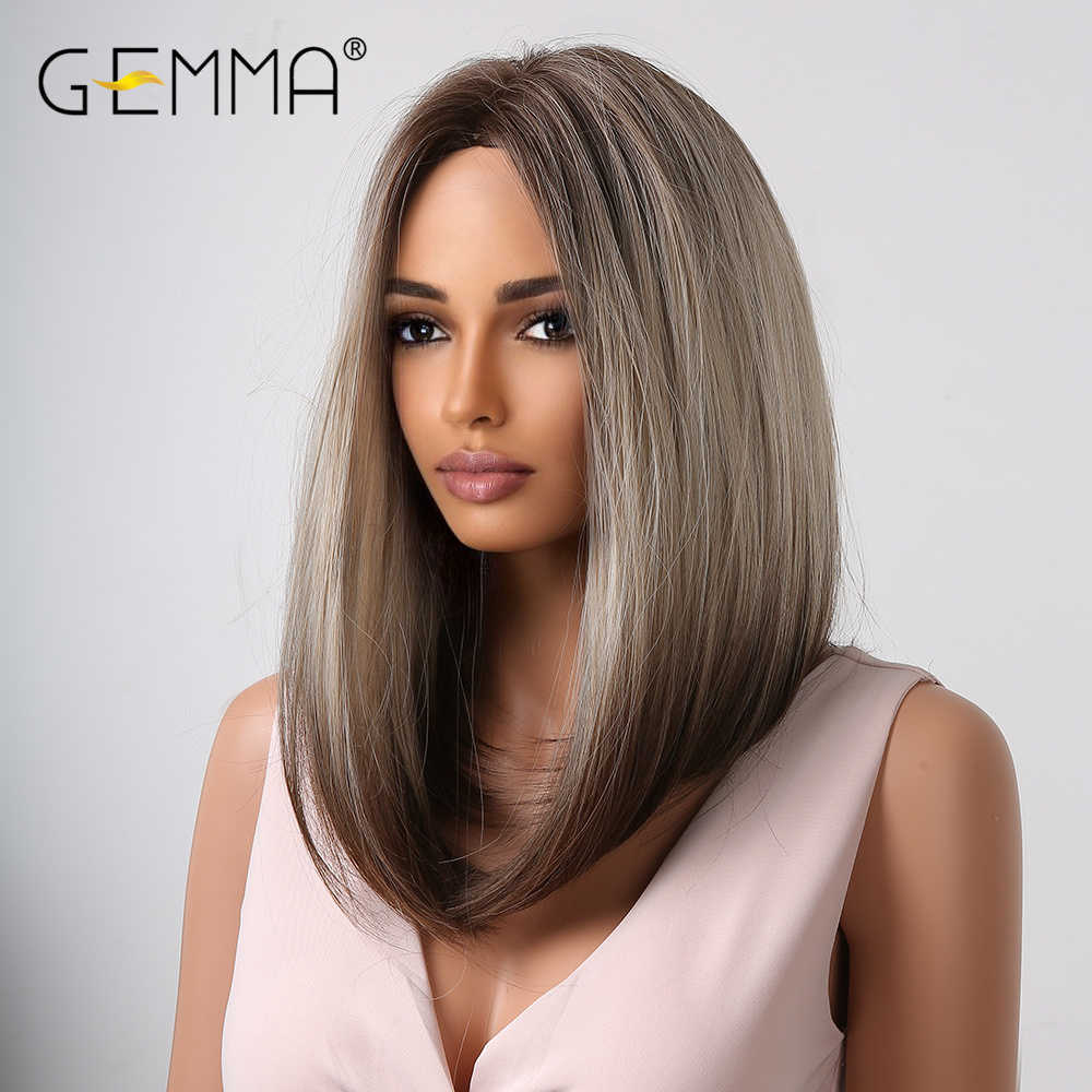 Perucas de renda GEMMA longas retas perucas sintéticas para mulheres Omber Brown Platinum Destaque peruca com raízes escuras Cosplay cabelo resistente ao calor Z0613