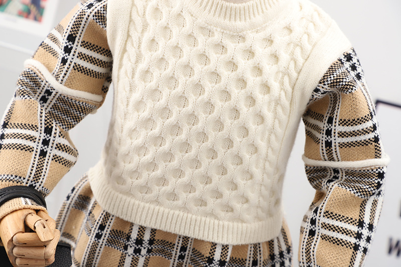 女の赤ちゃん秋の冬のセーター格子スプライス子供用のニットセータードレスガールズプルオーバードレス