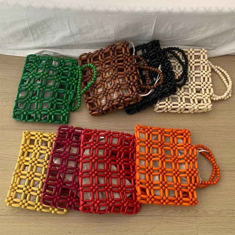 Shoulder Bags Fashion Wooden Beading Women Handbags Hollow Handmade Woven Small Tote Bag Vintage Summer Bags Creative Female Purses 2023 Bag