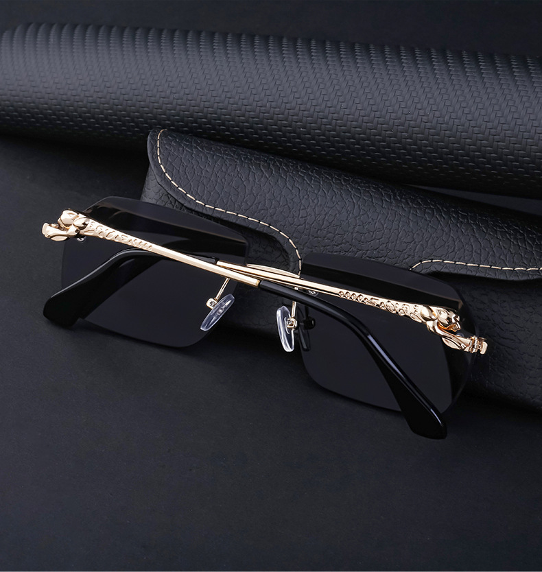 Fashion sunglasses Rimless cut edge Leopard mirror Leg Sunglasses Men's retro square-framed driving sunglasses