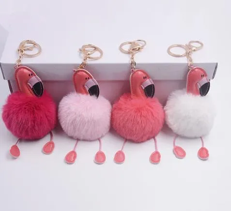 Hawaiian cocktail Wedding Birthday Hen Party Favors Flamingo Keychain Fluffy Artificial Rabbit Fur Ball Key Chain Women Car Bag Key Ring