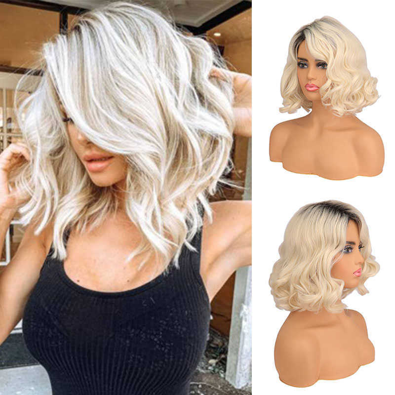 Spetsar peruker nyckfulla wigs syntetiska hår blond mix färg wavy hår bob kvinnor middle del cosplay peruker värmebeständig fiber för kvinnor z0613